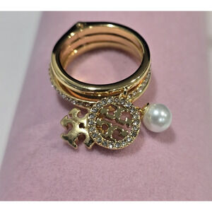 Tory Burch Crystal Pave & Pearl w/Kira & Miller Logo Charms Ring - Size 8 *NWOT*